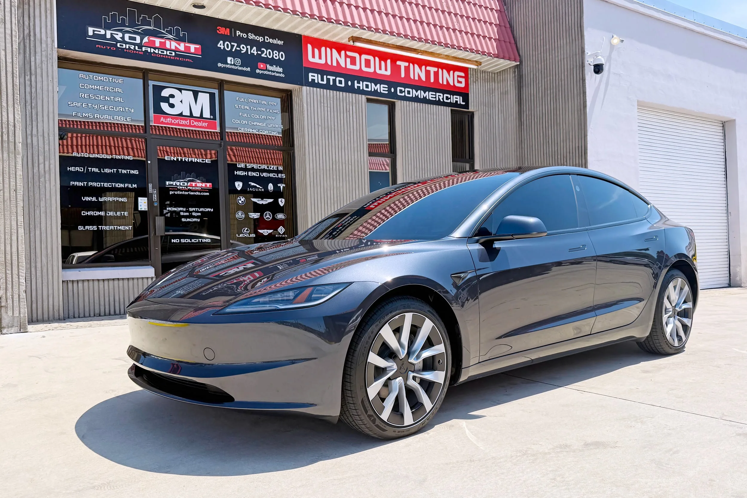 Tesla Model 3 Tinted with 3M Ceramic IR at Pro Tint of South Orlando Tesla Model Y Tinted with 3M Ceramic IR - Legal Tint Percentages South Orlando - Automotive Window Tinting